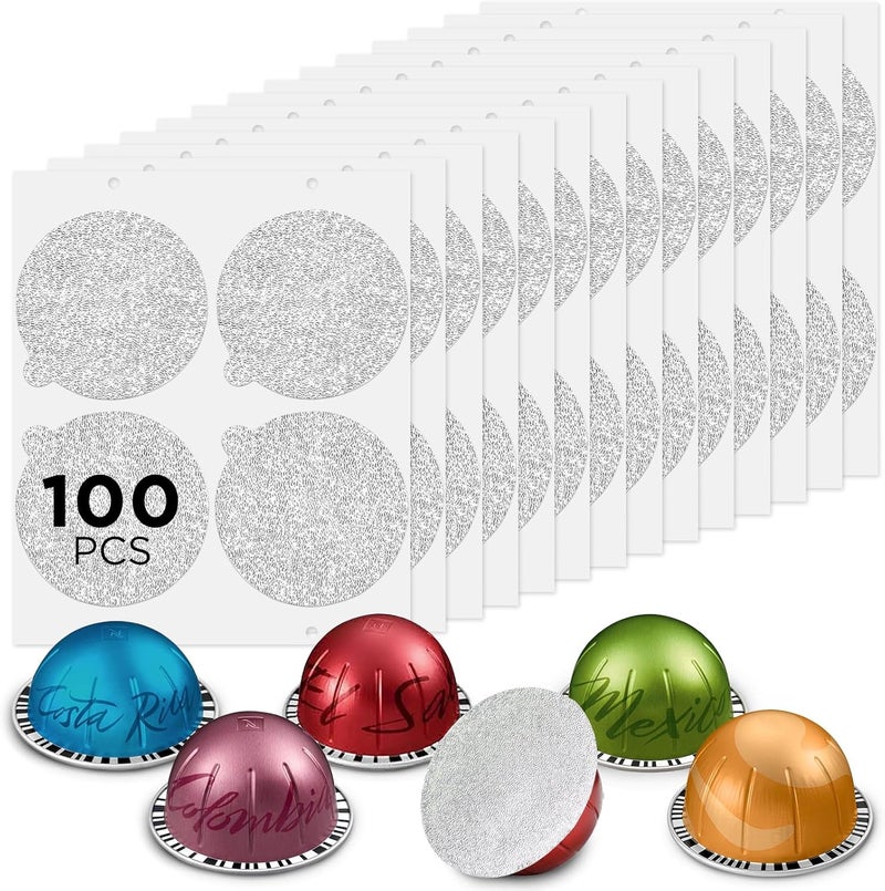 CAPMESSO Aluminum Foils Lids for Vertuo Reusable Pods,Compatible for Refillable Vertuo Pods, 100pcs Coffee Pods Foil Seals Covers(100/package) - Image 1
